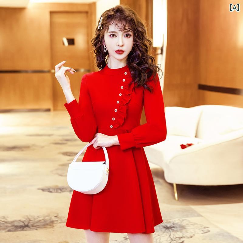 ワンピース レディース ドレス おしゃれ 上品 セクシー デート キャバ 華やか 赤 長袖 ドレス 秋冬 ドレス スカート|おうち健康生活