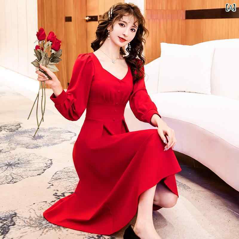 ワンピース レディース セクシー 華やか デート キャバ ドレス フランス 赤 婚約 秋 魅惑 スカート