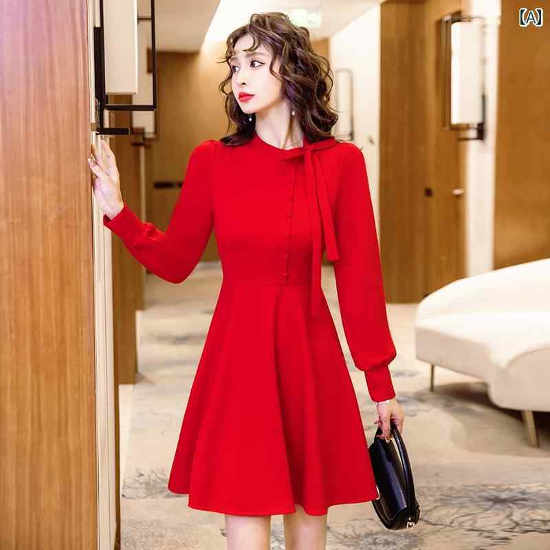 ワンピース レディース ドレス おしゃれ 上品 セクシー デート キャバ 華やか 赤 チャイナ ドレス 秋 ドレス ピンチ ウエスト スカート