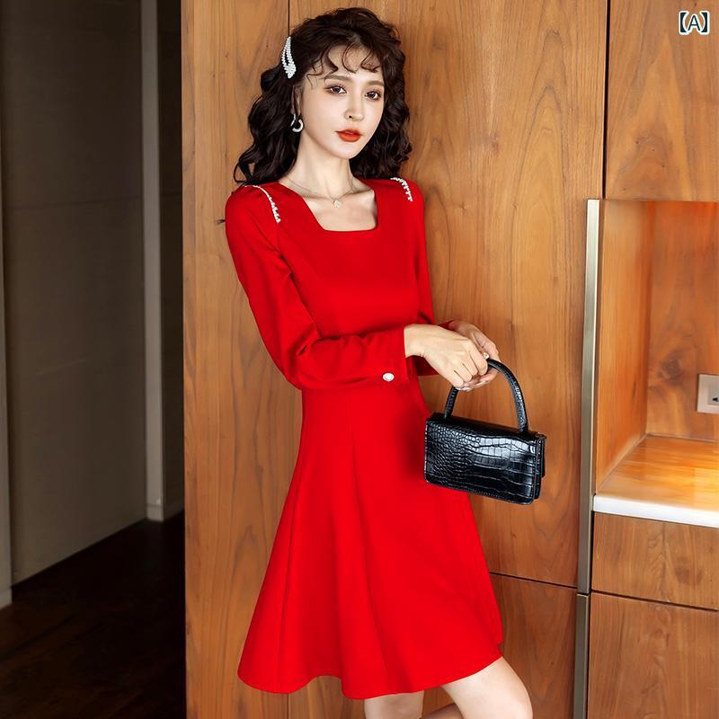ワンピース レディース ドレス おしゃれ 上品 セクシー デート キャバ 華やか 誕生年 美しい 赤 ドレス 婚約 秋冬 婦人 スカート