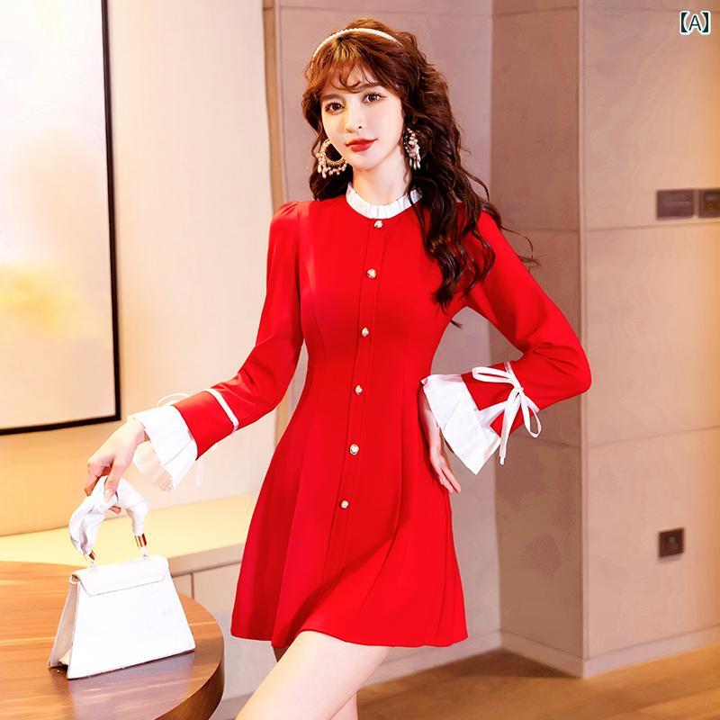 ワンピース レディース ドレス おしゃれ 上品 セクシー デート キャバ 華やか 赤 長袖 ドレス 婚約 秋冬 ドレス スカート
