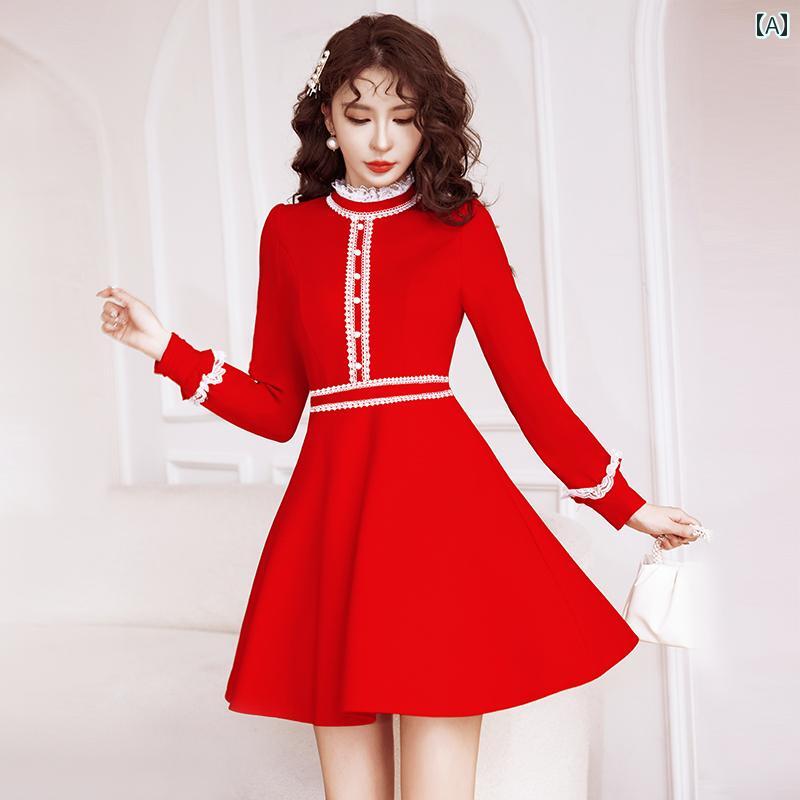 ワンピース レディース ドレス おしゃれ 上品 セクシー デート キャバ 華やか フランス 赤 長袖 ドレス 秋 ドレス 婚約 ドレス