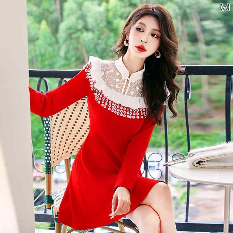 ワンピース レディース ドレス おしゃれ 上品 セクシー デート キャバ 華やか 赤 中国 チャイナ ドレス 婚約 秋冬 ドレス スカート｜おうち健康生活