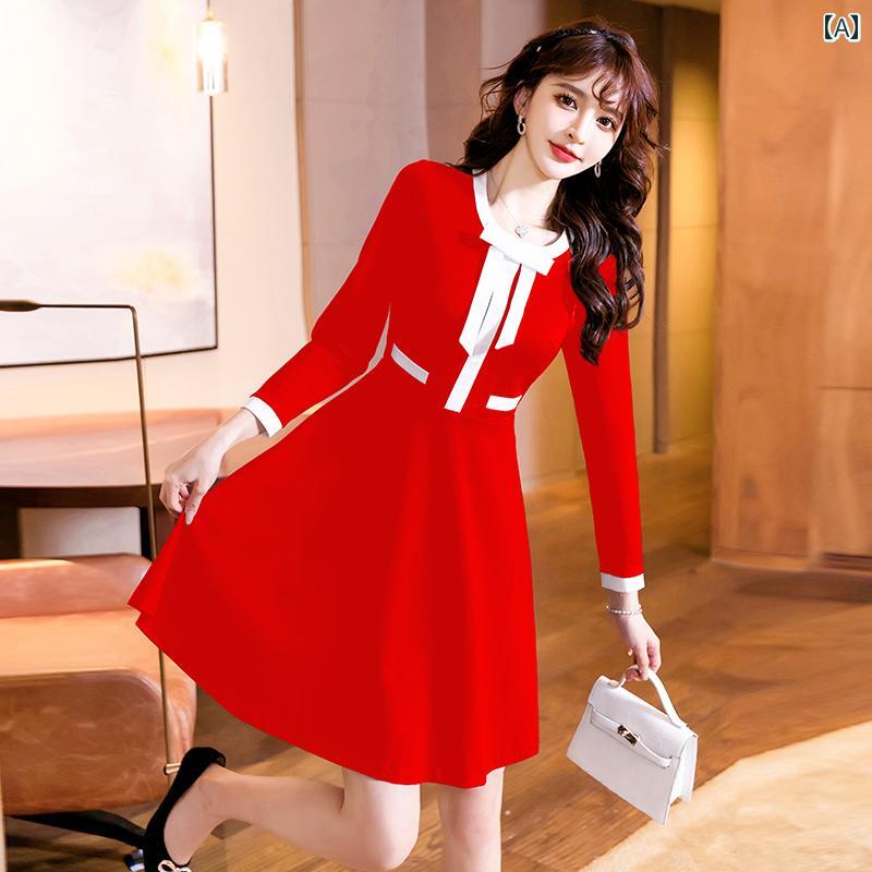ワンピース レディース ドレス おしゃれ 上品 セクシー デート キャバ 華やか 赤 長袖 ドレス 婚約 秋冬 ドレス スカート