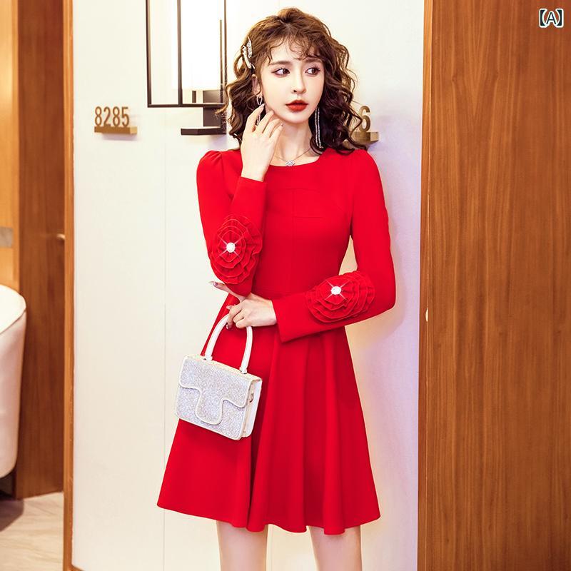 ワンピース レディース ドレス おしゃれ 上品 セクシー デート キャバ 華やか 誕生年 赤 ドレス 秋冬 ドレス スカート 婚約