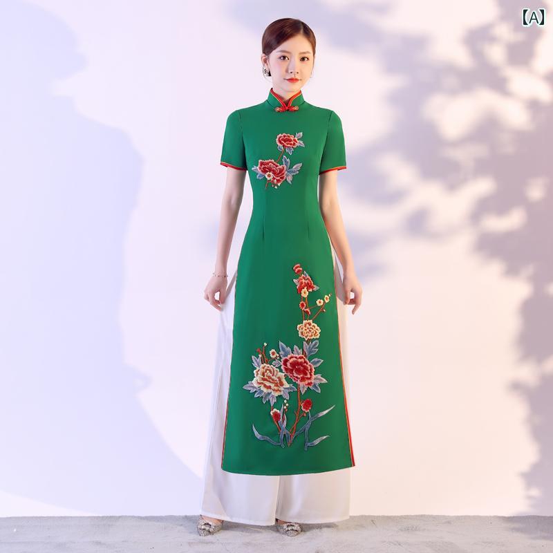 アオザイ 衣装 レディース 上品 レトロ ベトナム チャイナ ドレス ステージ パフォーマンス 服 ワイドレッグ パンツ セットアップ チャイナ風 ロング