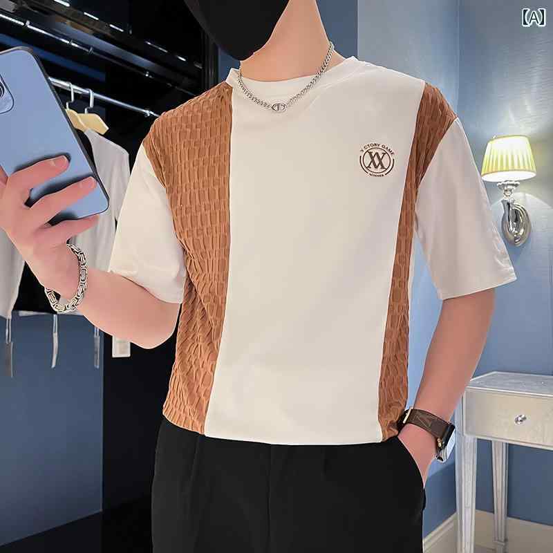 メンズ トップス カジュアル ファッション おしゃれ テクスチャー ド 半袖 Tシャツ ステッチ ラウンドネック Tシャツ 夏 カジュアル 半袖 Tシャツ｜おうち健康生活