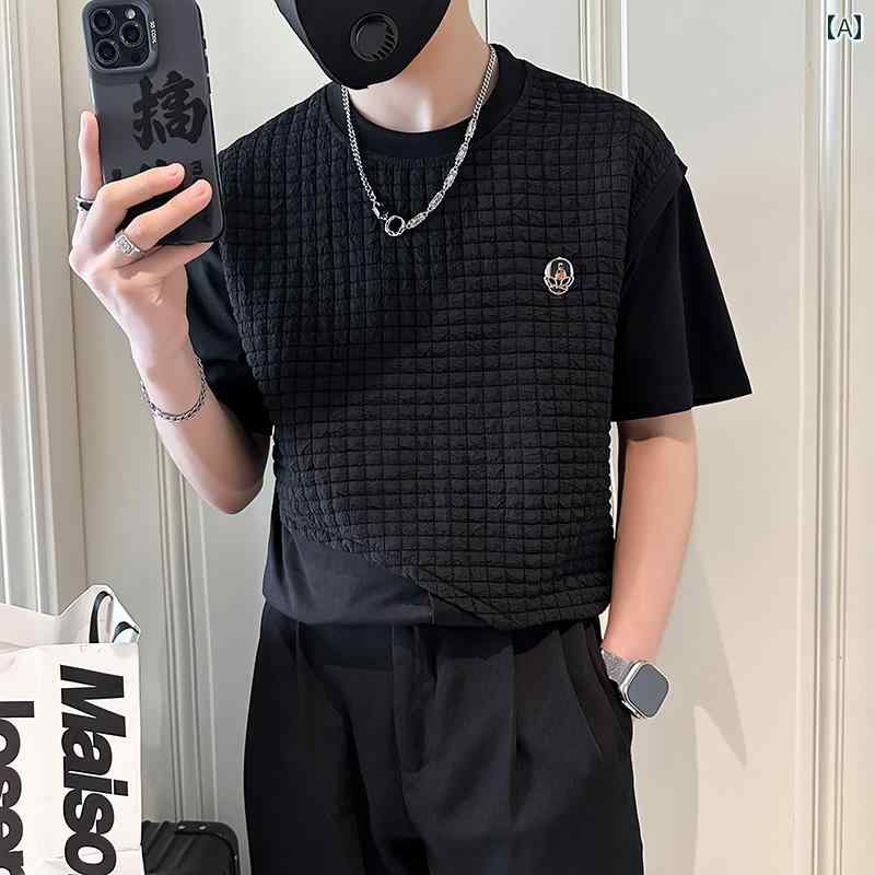 メンズ トップス カジュアル ファッション おしゃれ 夏 半袖 Tシャツ フェイク セットアップ ラウンドネック 半袖 Tシャツ トレンディ