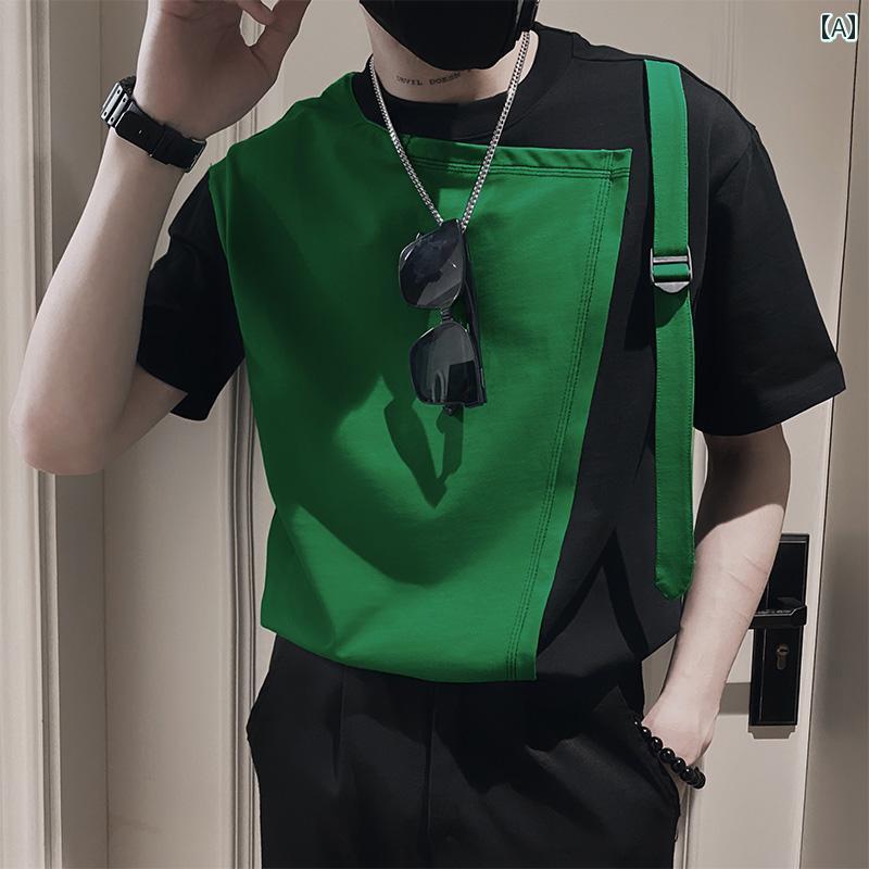 メンズ トップス カジュアル ファッション おしゃれ 半袖 Tシャツ 個性 ファッション トレンディ 五分丈 ハーフ 袖 黒 スリムフィット シャツ｜おうち健康生活