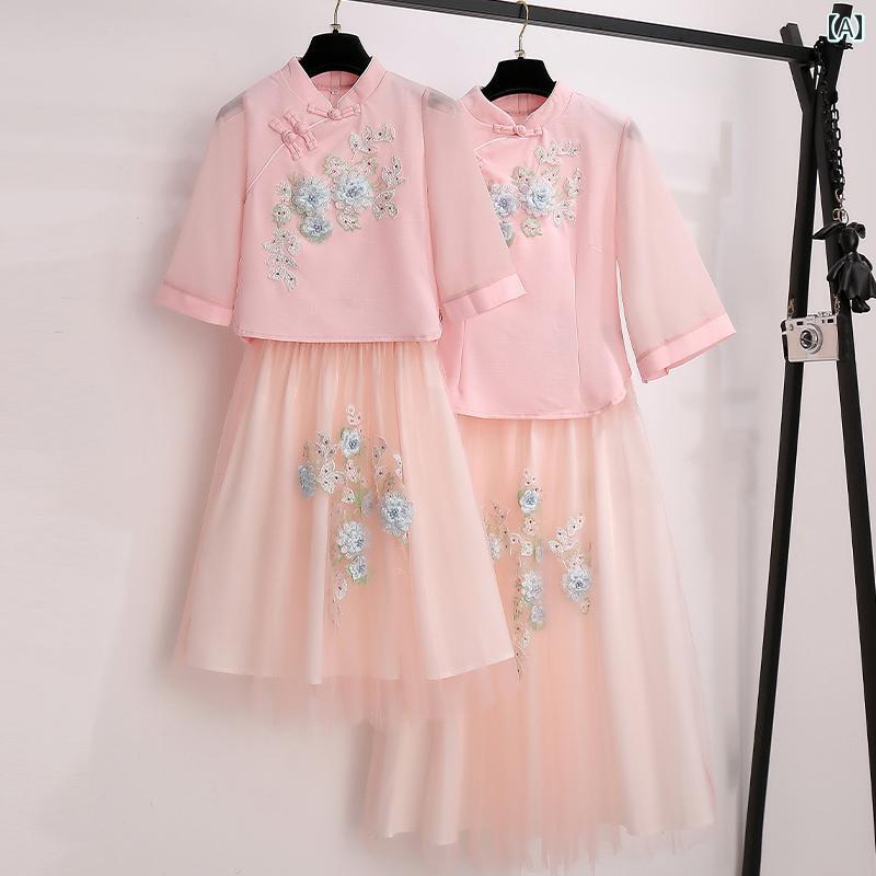 チャイナ風 レディース ファッション セットアップ おしゃれ 上品 婦人服 漢 夏 服 刺繍 唐 2点 セット 親子 服 母 娘 夏 漢服