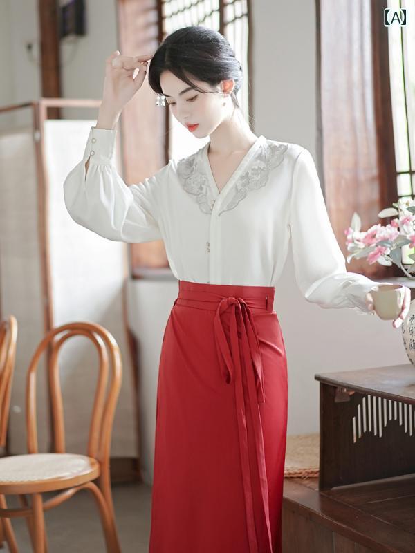 チャイナ風 レディース ファッション 上品 おしゃれ 馬顔 スカート シャツ 白 新 漢服 スリーブ v ネック トップス 長袖 刺繍 シャツ｜おうち健康生活