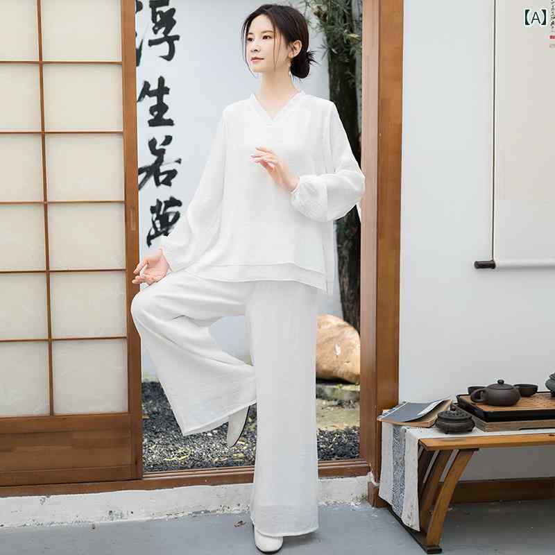 チャイナ風 レディース ファッション おしゃれ 上品 華やか 綿麻 瞑想 仏教 婦人服 寺院 ルームウェア 瞑想 練習 私服 フェアリー 白 瞑想 服 セットアップ|おうち健康生活