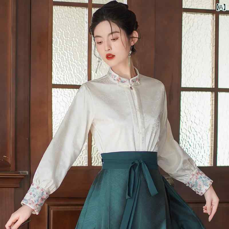 チャイナ風 レディース ファッション おしゃれ 上品 漢服 馬顔スカート トップスに マッチ 秋冬 起毛 ダブルブレスト スタンドカラー シャツ 漢 シャツ