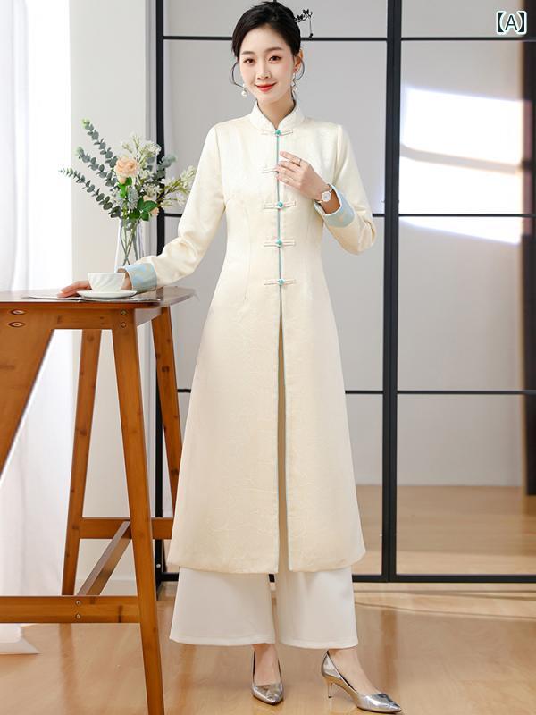 チャイナ風 レディース ファッション おしゃれ 上品 瞑想 婦人服 新 茶道 セットアップ 茶 唐 セットアップ 秋