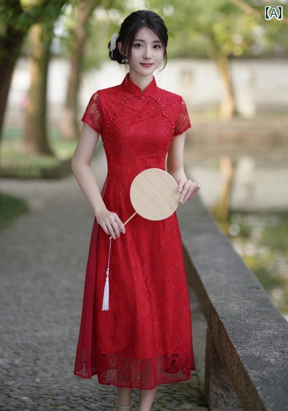 アオザイ 衣装 レディース 上品 結婚式 披露宴 チャイナ ドレス 夏 ウェディングドレス 母 チャイナ風 赤