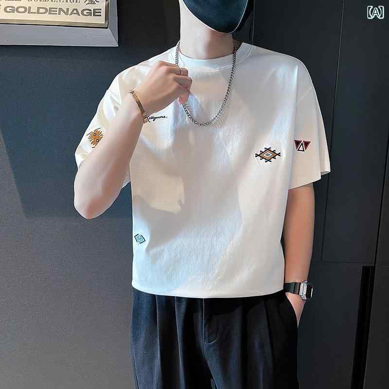 メンズ トップス カジュアル ファッション おしゃれ 夏 白 半袖 t シャツ トレンディ 刺繍 t シャツ トレンディ 半袖 t シャツ
