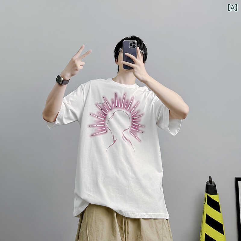 メンズ トップス カジュアル ファッション おしゃれ 夏 コットン アメリカン ゴシック プリント スタッズ 半袖 Tシャツ 半袖 レディース カップル トレンディ