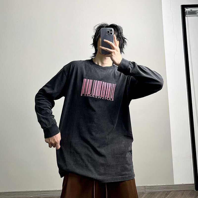 メンズ トップス カジュアル ファッション おしゃれ 秋 アメリカン ウォッシュ 加工 プリント 長袖 Tシャツ トレンド ボトムス