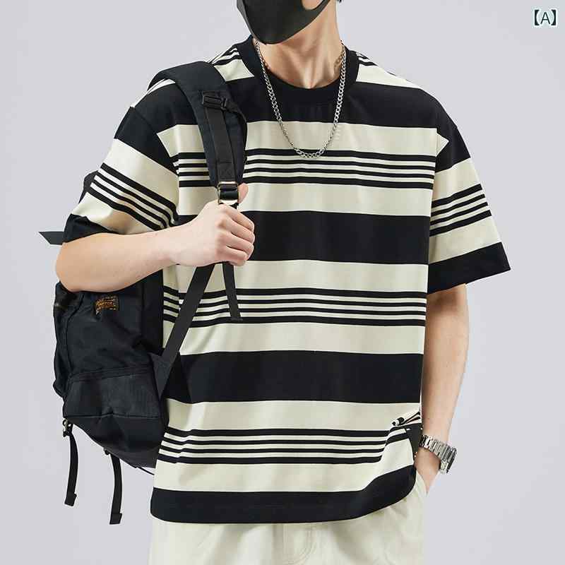 メンズ トップス カジュアル ファッション おしゃれ トレンド ストライプ 半袖 Tシャツ ラウンドネック 夏 トレンディ シンプル プリント 個性 カジュアル 紳士服 カップル｜おうち健康生活