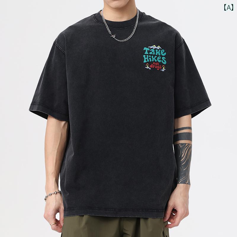 メンズ トップス カジュアル ファッション おしゃれ 夏 半袖 Tシャツ トレンド レトロ ウォッシュド コットン アメリカン プリント トレンド Tシャツ｜おうち健康生活
