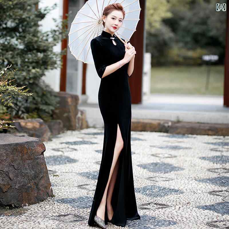 ドレス レディース 華やか チャイナ風 上品 エレガント ブラックゴールド 起毛 大気 ステージ パフォーマンス 服 ロング フィッシュテール スカート スリム|おうち健康生活