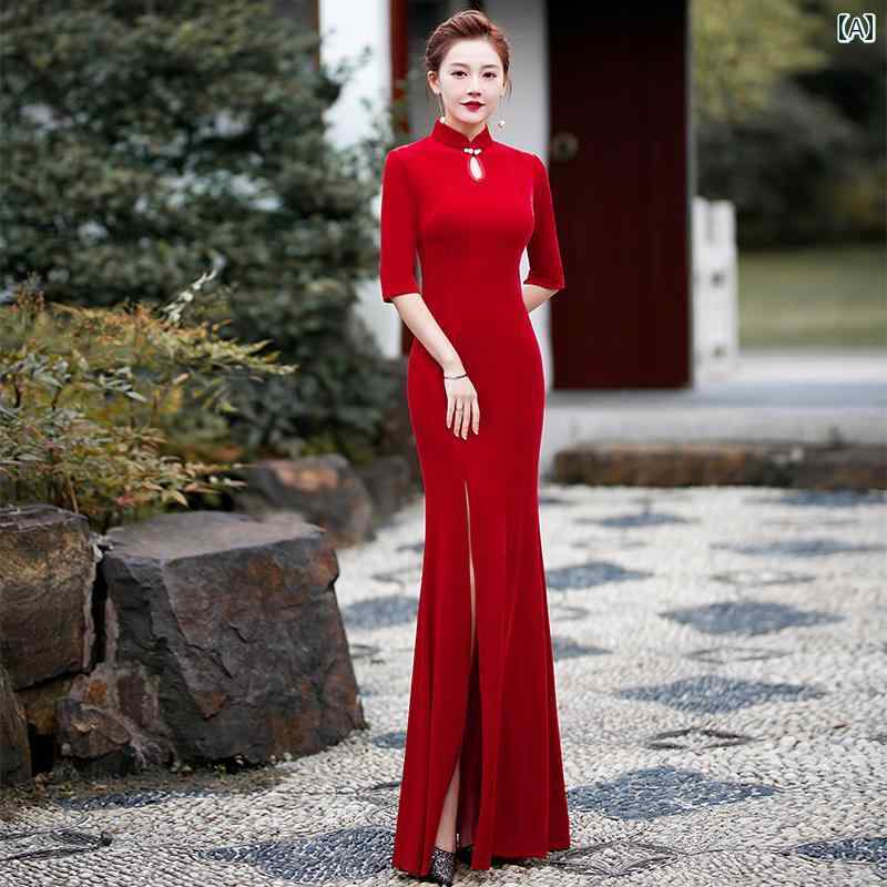 チャイナ ドレス レディース 華やか 上品 長袖 ゴールド 起毛 ステージ ロング ステージ パフォーマンス 服 赤 儀式 フィッシュテール スカート