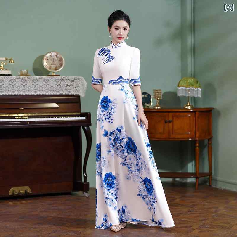 アオザイ 衣装 レディース 上品 ステージ チャイナ ドレス 中国 儀式 合唱団 パフォーマンス 服 青 白 磁器