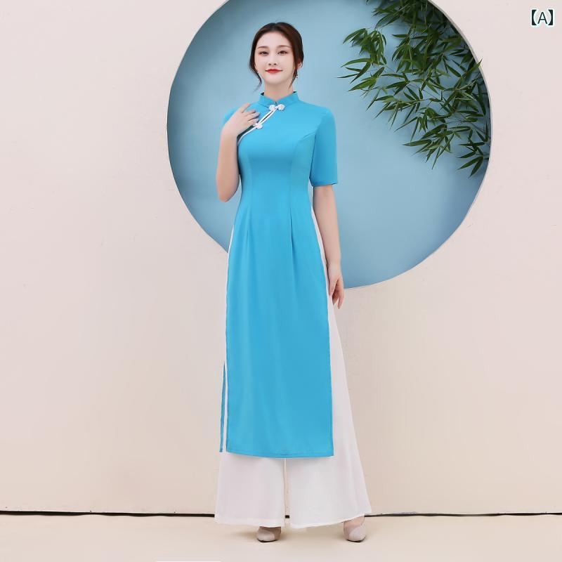 アオザイ 衣装 レディース 上品 夏 シフォン レイク ブルー ベトナム チャイナ ドレス ワイドレッグ パンツ セットアップ ステージ パフォーマンス 服 本格 ボディセットアップ スリーブ
