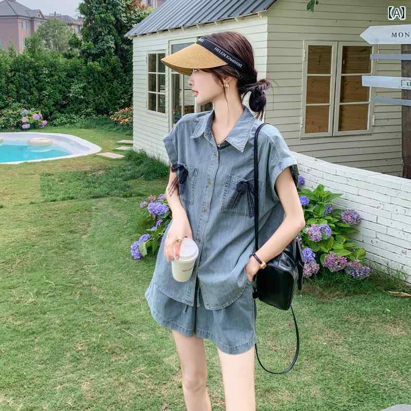 レディース ファッション カジュアル おしゃれ デート 女子会 普段使い 薄手 涼しい 涼しい デニム レトロ レース リボン 半袖 シャツ ショートパンツ 2点 セット