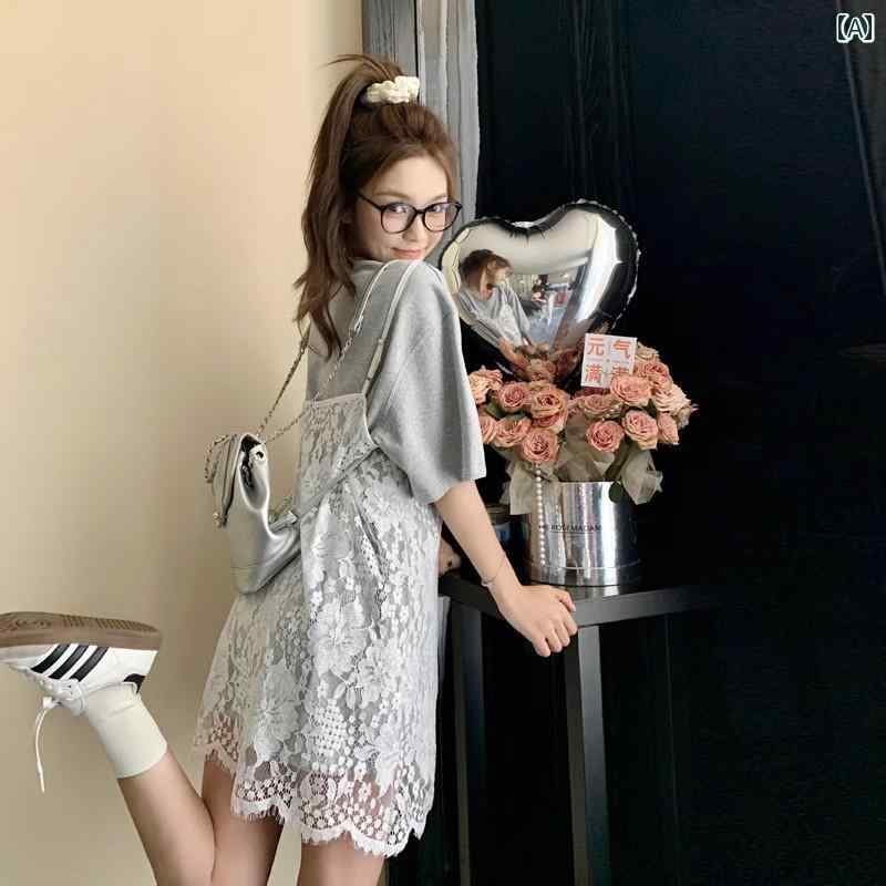 レディース ファッション カジュアル おしゃれ デート 女子会 普段使い 韓国 ストリート 見え ファッション 夏 白 レース 肩ひも スカート グレー Tシャツ ワンピース 重ね着 2点 セット｜おうち健康生活
