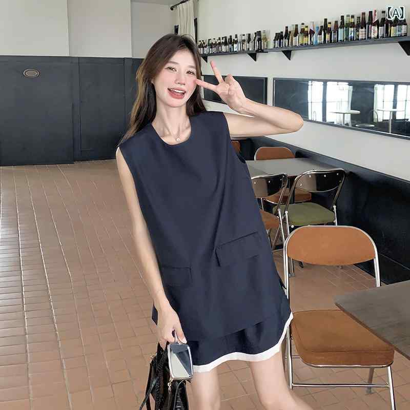 レディース ファッション カジュアル おしゃれ デート 女子会 普段使い 紺 おしゃれ ノースリーブ チョッキ ショート スカート リラックス 感 2点 セット