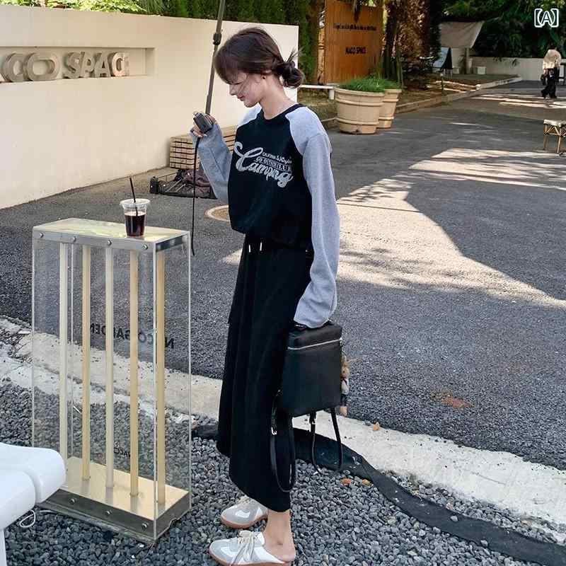 レディース ファッション カジュアル おしゃれ デート 女子会 普段使い カジュアル スウェットシャツ ラウンドネック レター プリント トップス スカート 2点 セット