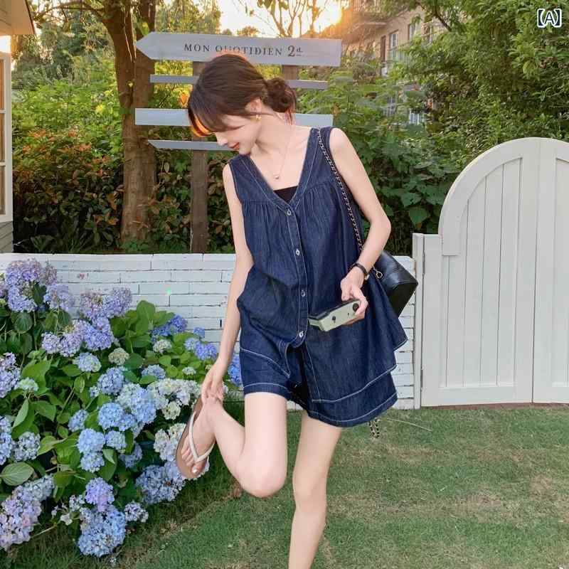 レディース ファッション カジュアル おしゃれ デート 女子会 普段使い 夏に レトロ 薄手 涼しい 涼しい Vネックノースリーブ デニムベスト ショート パンツ スタイリッシュ 感 2点 セット｜おうち健康生活