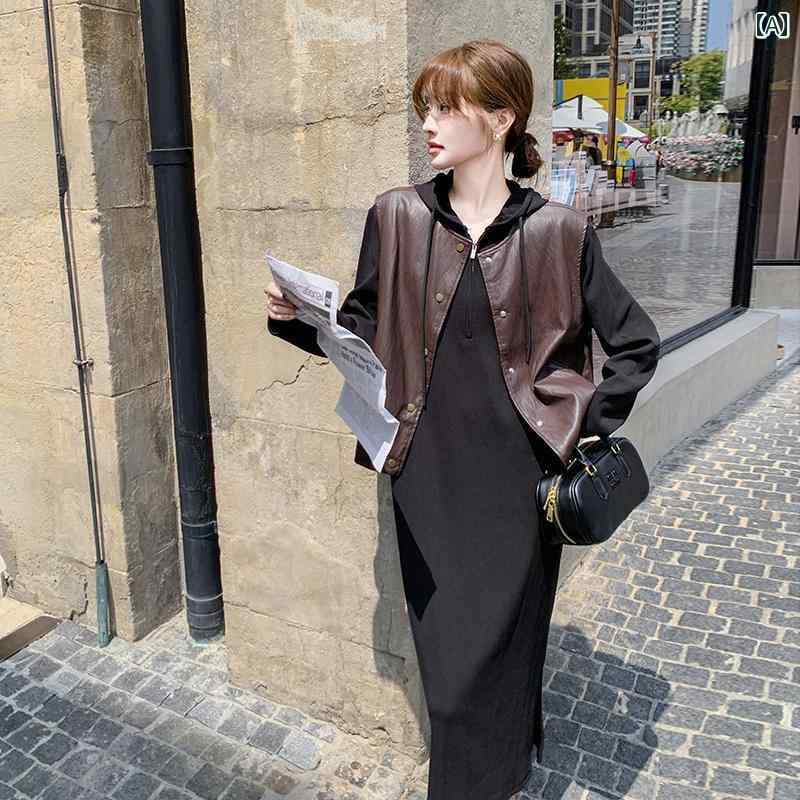 レディース ファッション カジュアル おしゃれ デート 女子会 普段使い 黒 長袖 ドレス 初秋 レトロ ベスト スカート 2点 セット