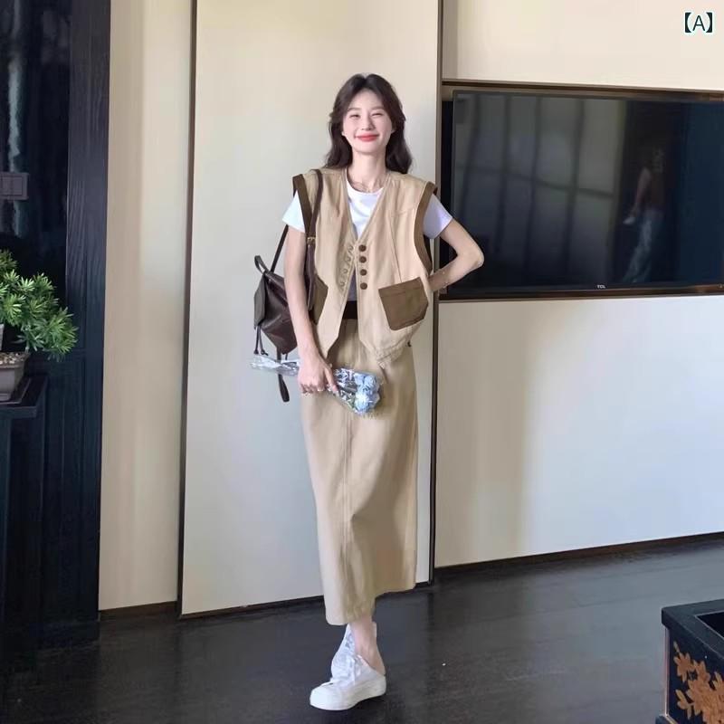 レディース ファッション カジュアル おしゃれ デート 女子会 普段使い 夏 服 韓国 ファッション 着痩せ カーキ ベスト スリットスカート セット 系 軽やか 大っぽい セット