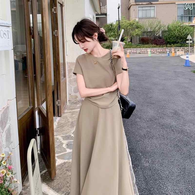 レディース ファッション カジュアル おしゃれ デート 女子会 普段使い 韓国 ファッション Tシャツ スカート カーキ リラックス 夏 服 2点 セット