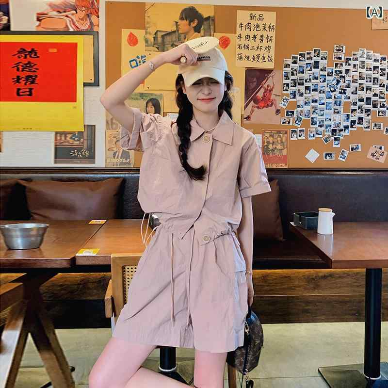 レディース ファッション カジュアル おしゃれ デート 女子会 普段使い ピンク レトロ ワークウェア スポーツ ショートパンツ 夏 カジュアル シンプル 巾着 2点 セット