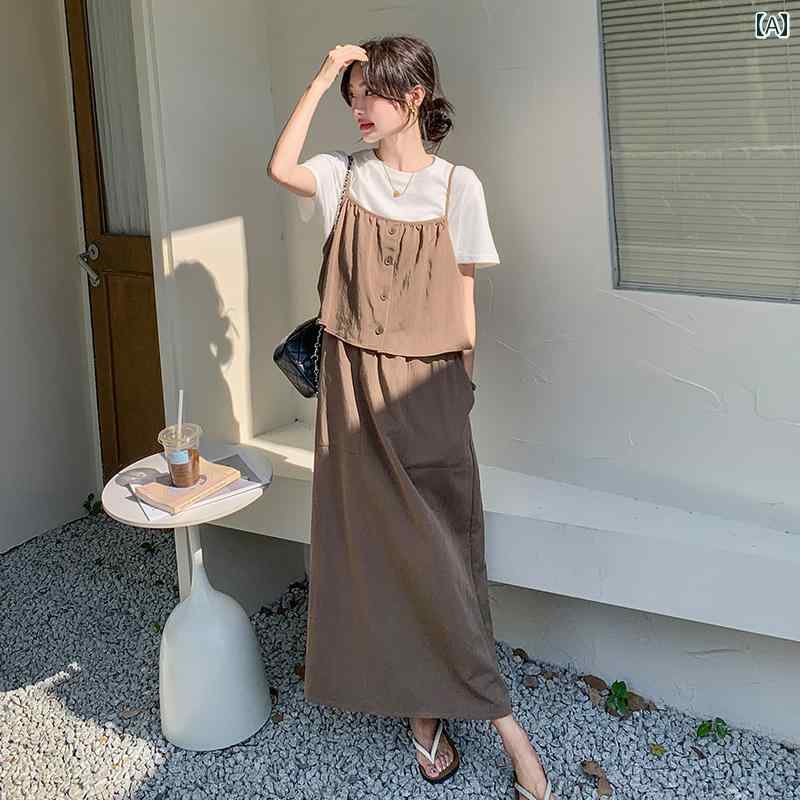レディース ファッション カジュアル おしゃれ デート 女子会 普段使い レトロ ブラウン フェイク 肩ひも ドレス 夏 軽量 涼しい 涼しい Tシャツ スカート