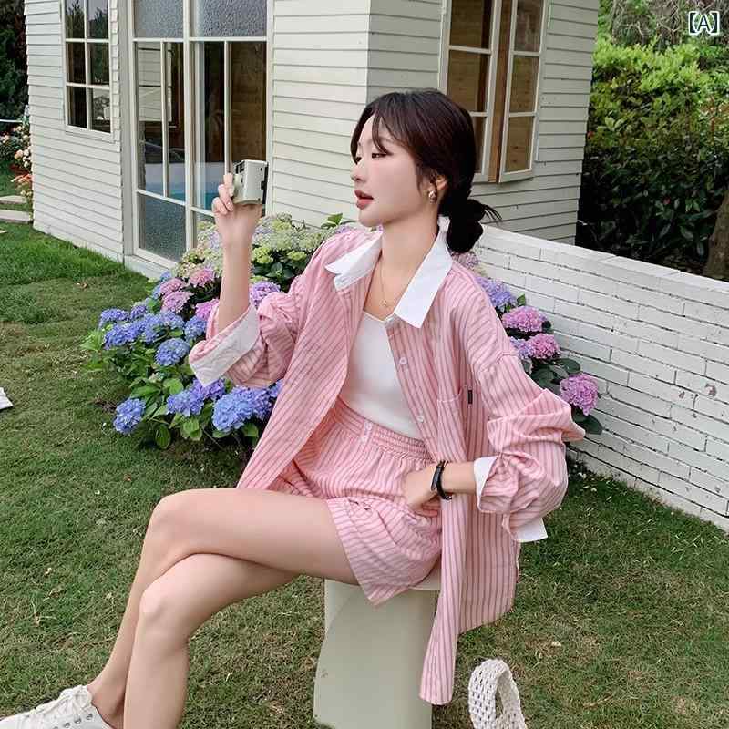 レディース ファッション カジュアル おしゃれ デート 女子会 普段使い おしゃれ 韓国 カジュアル 系 2点 セット 夏 服 ピンク ストライプシャツ
