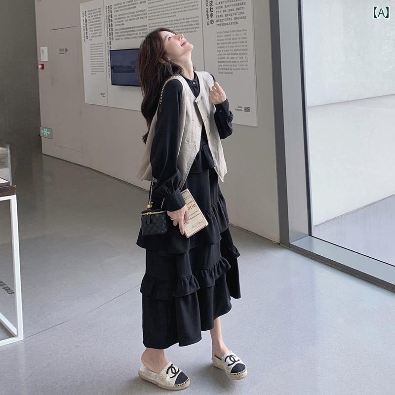 レディース ファッション カジュアル おしゃれ デート 女子会 普段使い 黒 ドレス 春秋 レトロ 見栄え ベスト ケーキ スカート 2点 セット