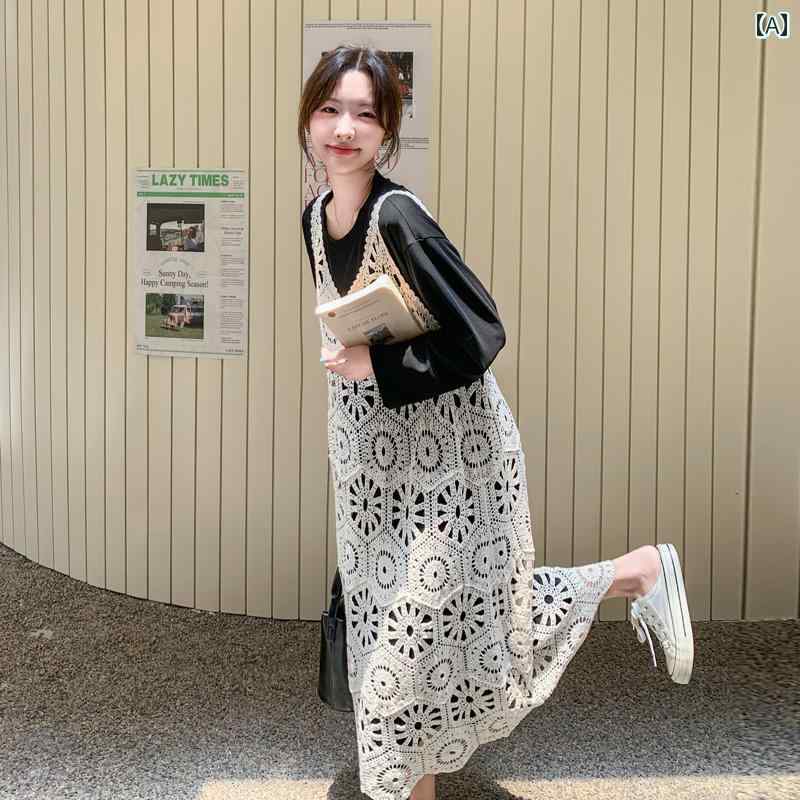 レディース 流行り物 心地よい 今めかしい うしろ帯会 会う約束  フランス共和国  かぎ針 編み 肩吊りひも スコート 黒 お召しもの 重ねて 秋 レトロ 2点 仕掛ける