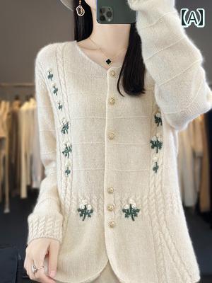 レディース トップス おしゃれ カジュアル 上品 普段使い 秋冬 ラウンドネック 刺繍 かぎ針 編み セーター ジャケット ウール ニット|おうち健康生活