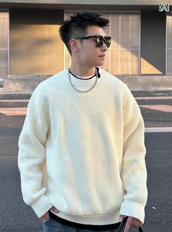 トップス メンズ おしゃれ カジュアル 普段使い 新年 赤 トレンディ フェイク セットアップ パッチワーク チェック ラウンドネック ノッチ セーター 秋冬 セーター