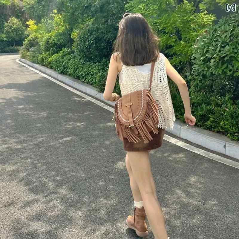 レディース バッグ おしゃれ 新 スエード アメリカン ボヘミアン タッセル レトロ サドル ファッション ショルダー 小さめ クロス ボディ