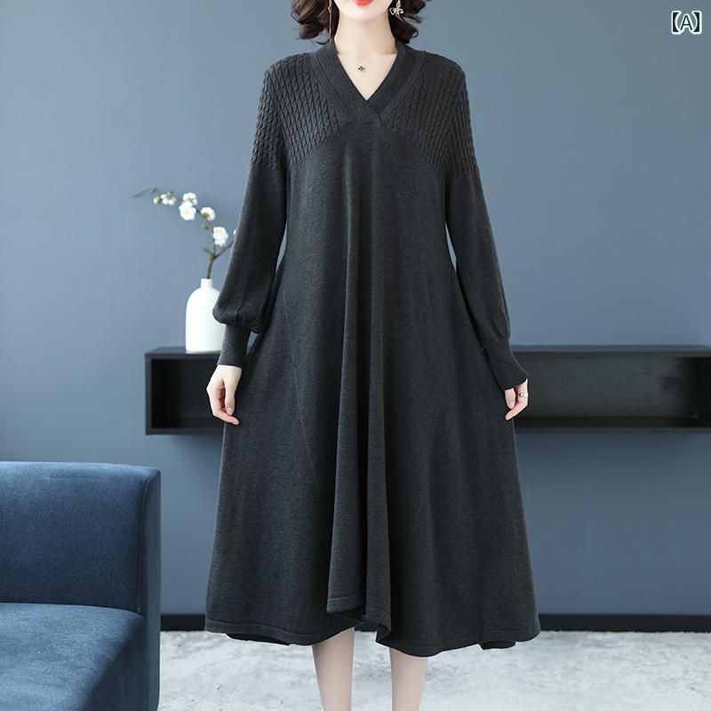 ワンピース レディース 上品 通勤 オフィス カジュアル 婦人服 秋 丈 膝上 ボトム ニット ドレス 体型カバー 韓国 ウール スカート｜おうち健康生活