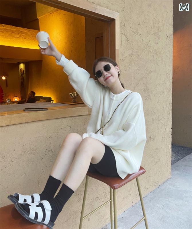 トップス レディース 格好のいい 心地よい ソリッドカラー プルオーバー 上衣 秋冬 新 韓国 ラウンドネックニットカーディガン アウター