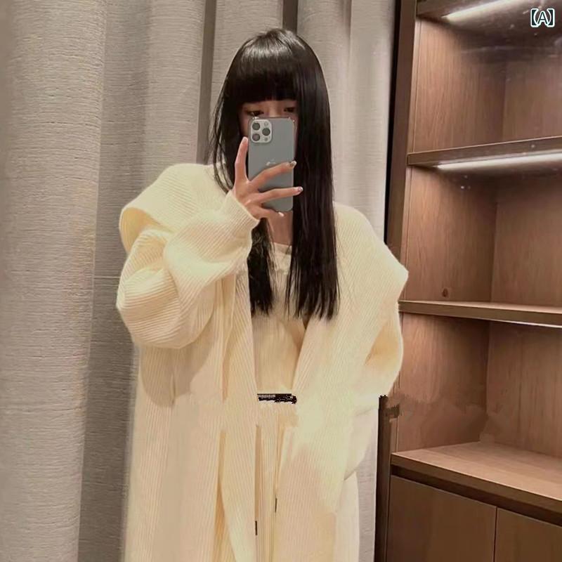 アウター レディース カジュアル おしゃれ 上品 普段使い ケープ ショール 抹茶 グリーン フード ロング 厚手 ニットカーディガン 大きめ セーター コート 春秋 トレンド