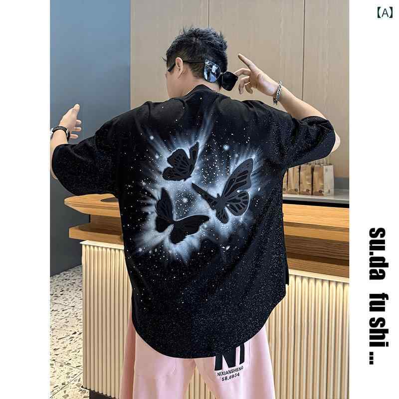 メンズ トップス カジュアル ファッション おしゃれ 無地 夏 星空 半袖 Tシャツ ゆったり 蝶 プリント ラウンドネック 半袖