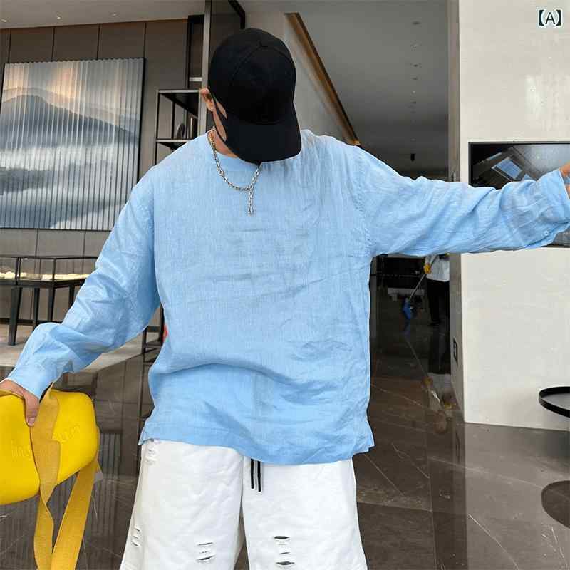 メンズ トップス カジュアル ファッション おしゃれ 初秋 軽量 涼しい 通気性 快適 快適 日焼け防止 Tシャツ 高さ 無地 ラウンドネック 長袖 リネンシャツ