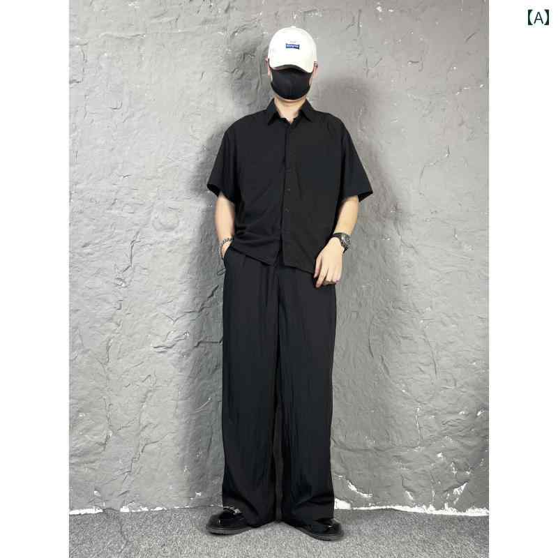 セットアップ メンズ カジュアル おしゃれ 夏高精細 スケート 薄手 涼しい 涼しい プリーツ 半袖 ソリッドカラー シャツ パンツ